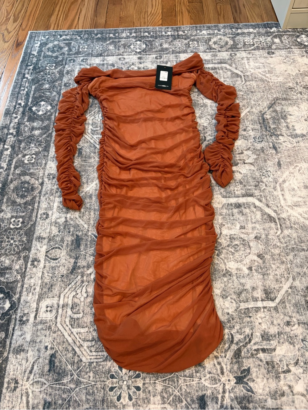 Fashion Nova Rust Orange Ruched Off-Shoulder Long Sleeve Bodycon Dress
